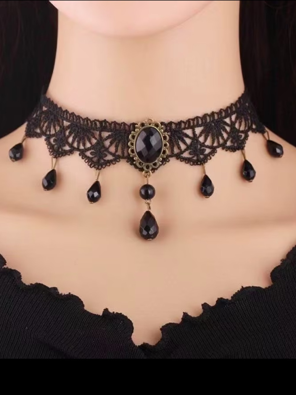 Black Lace Choker Necklace with Teardrop Accents